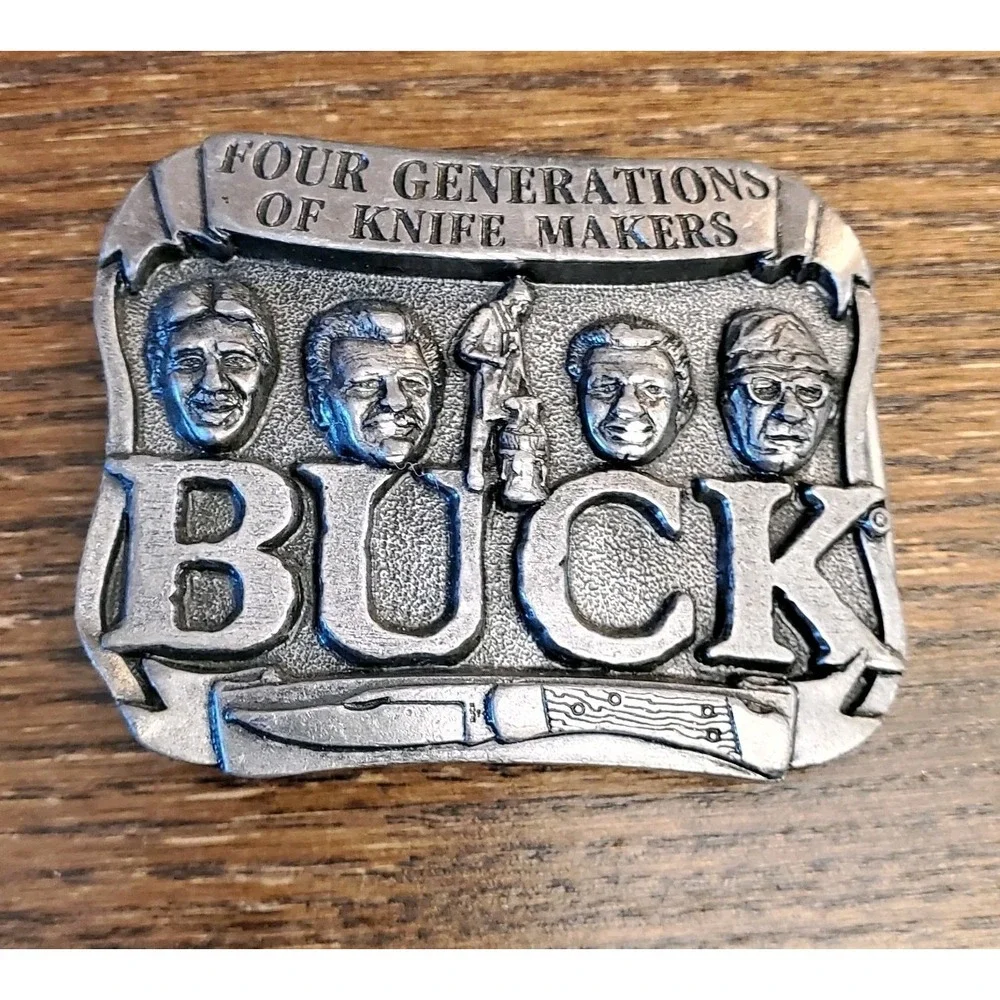 Buck Knives Vtg 70s Belt Buckle Four Generations of Knife Makers Smoky MT. Knife